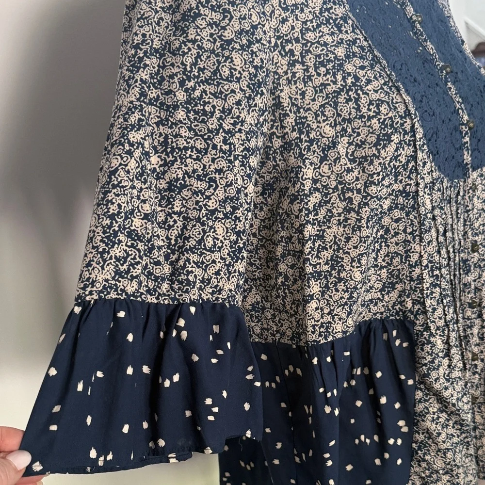 Anthropologie Navy and White Mixed-Print Crochet Yoke Blouse - Picture 3 of 9